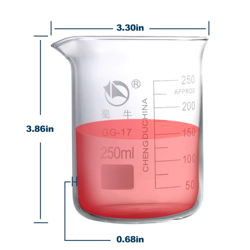 Young4us Glass Beakers, Pack of 6 Low Form Measuring & Droppers Set, 3 Graduated Griffin Beakers in 3 Sizes with Scales, 250ml, 100ml, 50ml, 3 Glass Droppers Without Scales (3ml per Drop) - Image 2